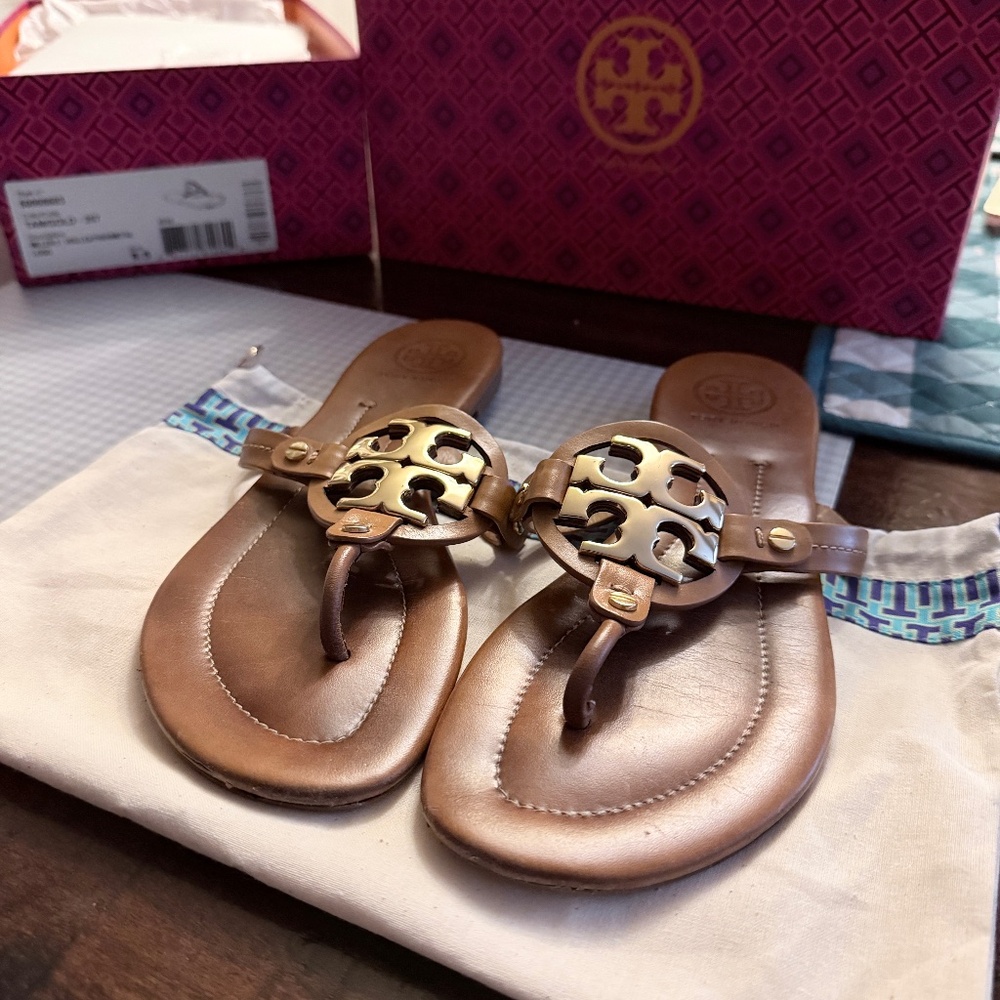 Tory Burch Metal Miller Tan/Gold Sandals Size 8.5